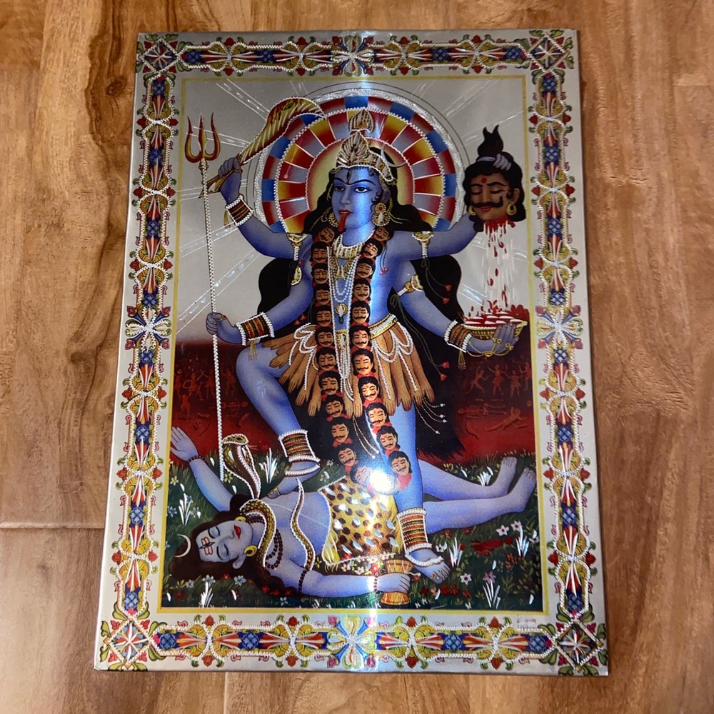 Kali Mata Hindu Goddess Handmade Etched Art Piece Picture Colorful India